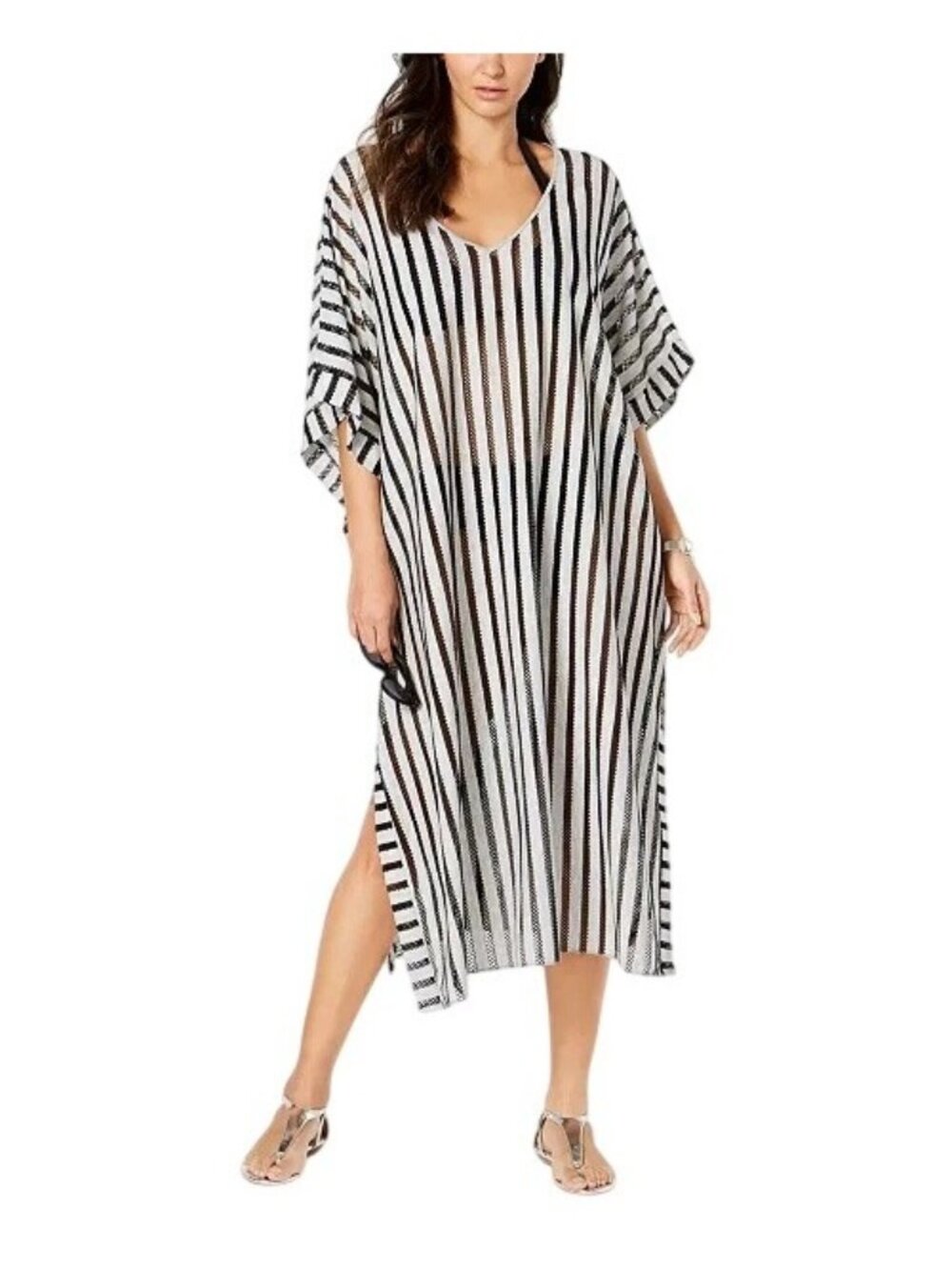 CALVIN KLEIN Striped Maxi Caftan Cover Up~One Size Fits All~Grey Black NWT L522